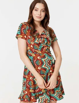 Women's Printed Ruffle Front Wrap Dress in Red Size: 14 - Red - Size: 14 - Izabel London - FashionsVida