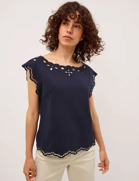 Pure Cotton Cut Out Blouse Navy female - Monsoon - FashionsVida