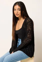 Petite Open Front Crochet Cardigan Sweater - Black - Size: 8-10