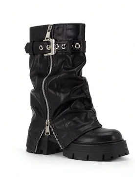 Botas de tobillo de plataforma plana con hebilla negra de moda para mujer, botas de tobillo con puntera redonda, cremallera y tacón grueso para exter - Shein - FashionsVida