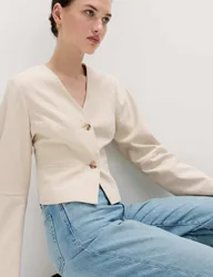 V-Neck Button Through Short Jacket Ecru female
