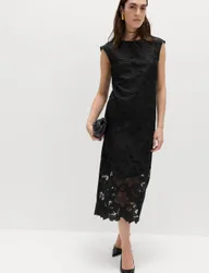 Lace Cutwork Detail Midi Column Dress Black female