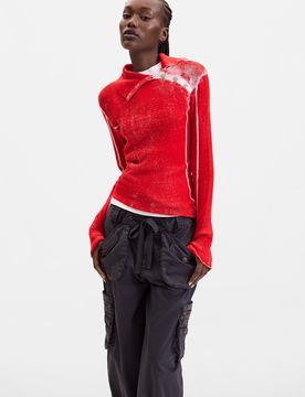 Pull côtelé asymétrique 100 % coton, , Coton, Rouge, XS