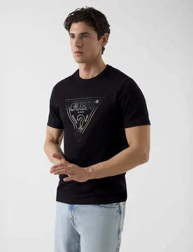 T-shirt mezza manica nera in cotone stretch con stampa logo triangolare - Guess - FashionsVida