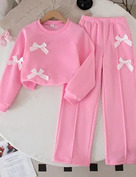 Conjunto de 2 piezas para niñas preadolescentes, nueva moda, top de cuello redondo gris de manga larga con pantalones de pierna ancha y decoración d - Shein - FashionsVida