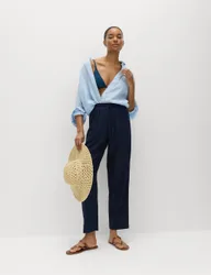 Linen Rich Elasticated Waist Tapered Trousers Navy female
