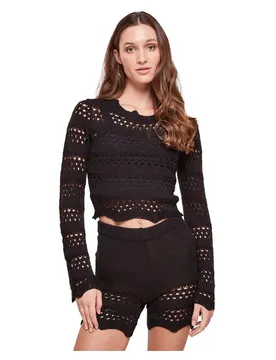 Top A Maniche Lunghe Crochet Black 4XL
