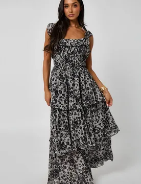 Women's Grey Leopard Tiered Midaxi Dress with Ruffles Size: 12 - Grey - Size: 12 - Urban Bliss - FashionsVida