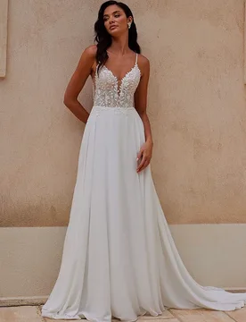 Simplicity Wedding Dress Lace With Chiffon A-Line Floor Ball Gown Beach V-Neck Sleeveless Bride Customized Vestido De Novia ﻿ ﻿ - Aliexpress - FashionsVida
