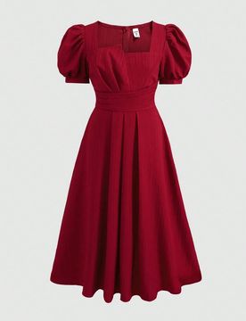 Vestido de niña preadolescente con cuello cuadrado, mangas abullonadas y textura de jacquard, elegante y casual, color rojo cereza, para primavera/ve