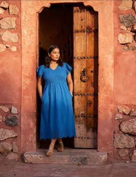 Pure Cotton Broderie V-Neck Midi Shirred Dress Blue female - Live Unlimited London - FashionsVida