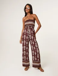 Ethnic Print Strapless Elasticated Jumpsuit - M/L / CHOCOLATE - female