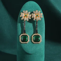 Vintage Flower Daisy Green Red Glass Square Earring Luxury Antique High Quality Retro Anniversary Party Jewelry Gifts For Women
