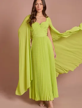 Women's Cape Sleeve Sweetheart Neckline Pleated Maxi Dress in Chartreuse Size: 8 - Chartreuse - Size: 8 - Coast - FashionsVida