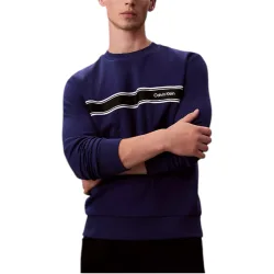 Mens Sweatshirt Crew Neck Stripe Classic Regular Fit - Blue Cotton - Size Small