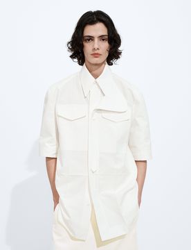 Detachable Cotton Throat Latch Short-Sleeve Shirt with Button Closure, Relaxed Fit, Size 38