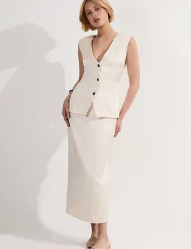 Women's Premium Viscose Linen Tailored Ruffle Pencil Midi Dress in Ivory Size: 12 - Ivory - Size: 12 - Karen millen - FashionsVida