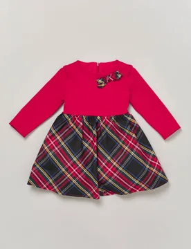 Abito rosso in punto Milano con gonna scozzese e fiocco coordinato 9-36 mesi - Bufi - FashionsVida