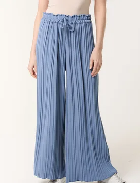 Wide Leg Plisse Drawstring Trousers - S/M / Denim - female - Blue Vanilla - FashionsVida