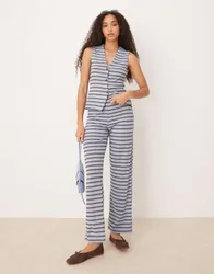 Womens Wide Leg Trouser Co-Ord In Brown And Blue Stripe - Size Small