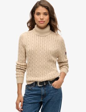 Superdry Damen Beige Lässiger Rollkragenpullover mit Zopfmuster Gestrickt, Größe: 38