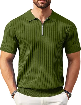 Summer Men's Vertical Stripes Henry Collar Half-Zip Polo Shirt - Breathable, Elastic, Comfortable, Casual Short-Sleeved T-Shirt - Aliexpress - FashionsVida