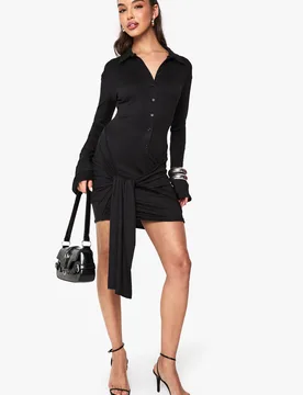 Womens Button Down Drape Mini Dress - Black Elastane - Size 14 Uk - Boohoo - FashionsVida
