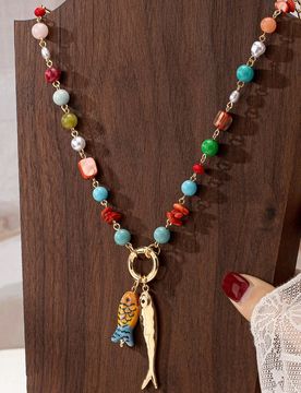 Pieza Collar con colgante de pez hecho a mano, collar de verano con estilo playero de concha y perla falsa para mujeres, accesorios de joyería bohemi