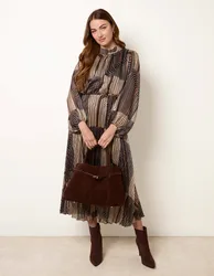 Geometric High Neck Pleated Dress - L / BLACK/BEIGE - female