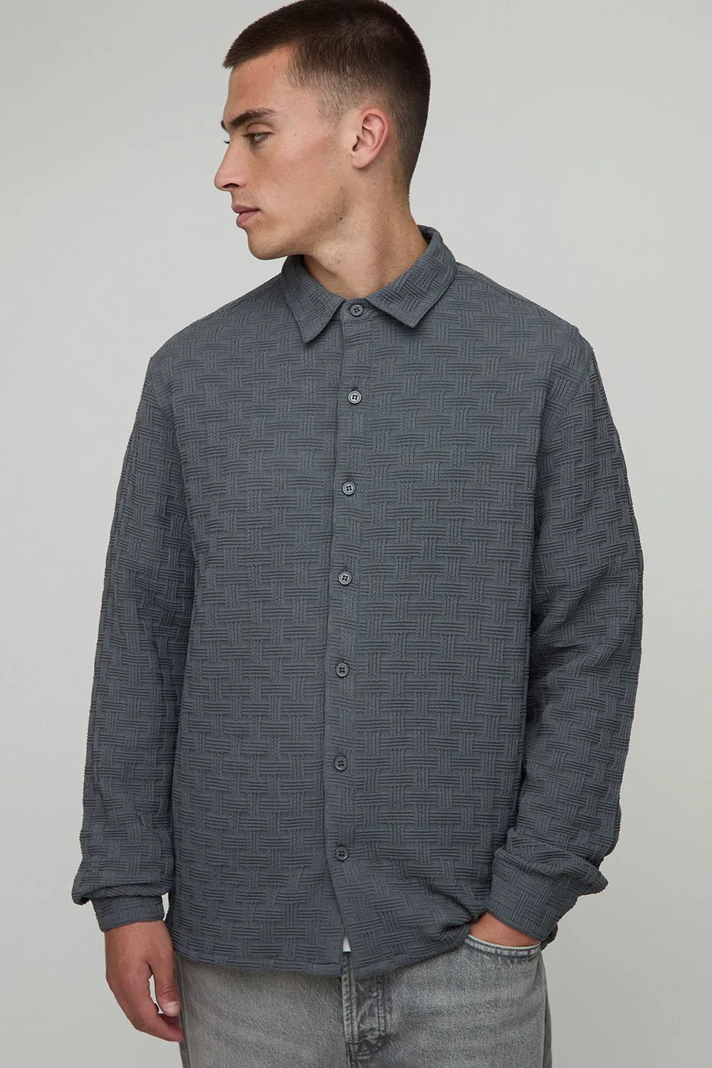 Mens Regular Fit Jacquard Collared Shirt - Grey - Size X-Small - boohooMAN - FashionsVida