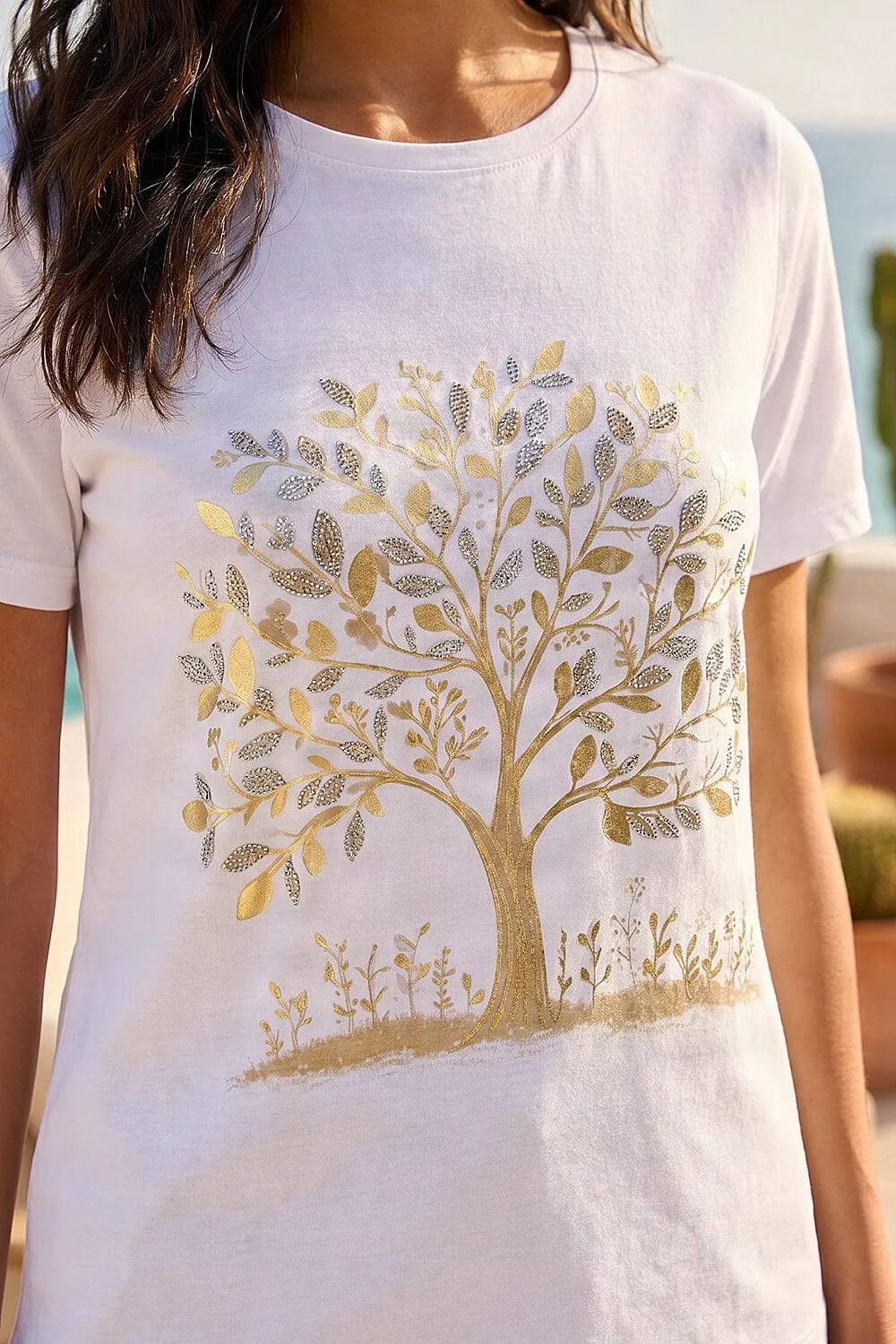 Foil Tree Print T-Shirt - Ivory - Size: 20 - Roman - FashionsVida