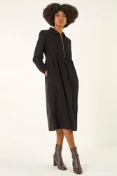 Women's Corduroy Zip Detail Midi Dress in Black Size: 20 - Black - Size: 20