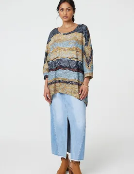 Women's Printed 3/4 Batwing Sleeve Relaxed Tunic Top in Grey Size: 8 - Grey - Size: 8 - Izabel London - FashionsVida