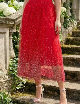 Women's Polka Dot Print Elasticated Mesh Skirt in Red Size: 18 - Red - Size: 18 - Roman - FashionsVida