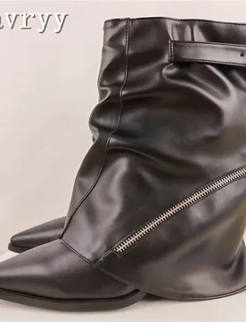 Luxury Design Black Skirted Mid Calf Boots Women New Pointed Toe Thick Heel Fashion Side Zippers Decor Western Cowgirl Booties - Aliexpress - FashionsVida