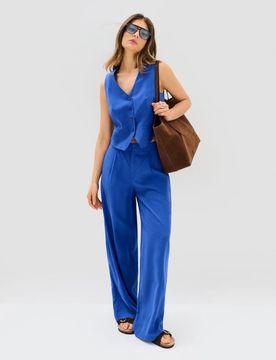 Pantaloni wide leg in lyocell con misto lino - indaco