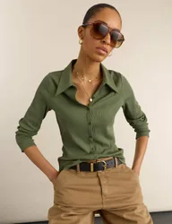 Jersey Rib Collared Button Down Fitted Top Green female