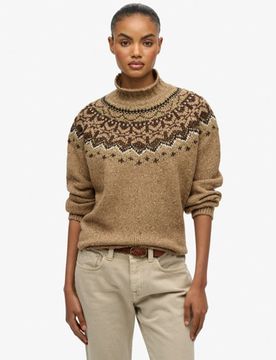 Superdry Damen Hochgeschlossener Pullover mit Norwegermuster Brown - Größe: 38