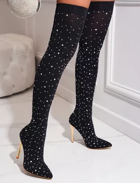 Botines de tacón alto con puntera puntiaguda y decoración de strass para mujer, para otoño/invierno, zapatos de fiesta negros con botas calcetín e - Shein - FashionsVida