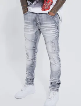 Herren Skinny Stretch Heavy Bleached Ripped Jeans Hosen Ice Grey Größe 32R - boohooMAN - FashionsVida