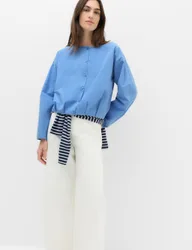 Pure Cotton Polka Dot Barrel Sleeve Blouse Fresh Blue female