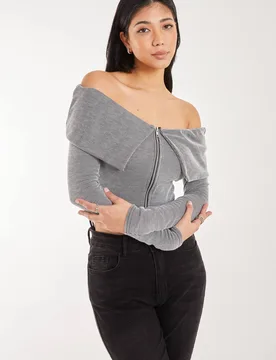 Fold Over Zip Bardot Top - Grey - Size: S - Pink Vanilla - FashionsVida