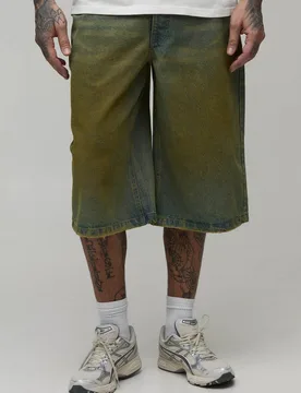 Herren Lange Jeans Hosen-Shorts In Getöntem Denim Für Große Größen Green Größe 34 - boohooMAN - FashionsVida