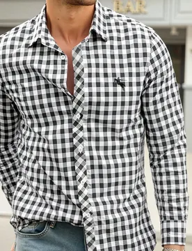 Camisa casual de manga larga de un solo pecho con estampado de cuadros para hombres, camisa a cuadros negra y blanca, camisa a cuadros para hombres, c - Shein - FashionsVida