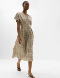 Pure Cotton Checked V-Neck Midi Waisted Dress Beige Mix female