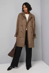 Women's Brown Check Collared Coat Size: 12 - Brown - Size: 12