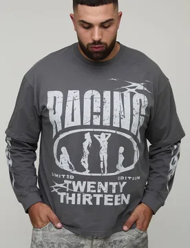 Men's Plus Oversized Faux Layer Racing Print T-Shirt Charcoal Size 2X-Large Charcoal 2XL - boohooMAN - FashionsVida