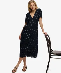 Superdry Damen Bedrucktes Midi-kleid mit Knöpfen und Kurzen Ärmeln Navy - Größe: 36
