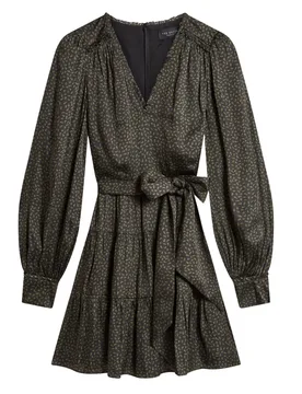 Womens Phoeba Printed Tiered Belted Black Mini Dress - Charcoal - Size 12 Uk - Ted baker - FashionsVida