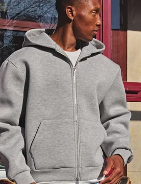 Men's Oversized Boxy Bonded Scuba Zip Through Hoodie Grey Marl Size Small Grey Marl S - boohooMAN - FashionsVida